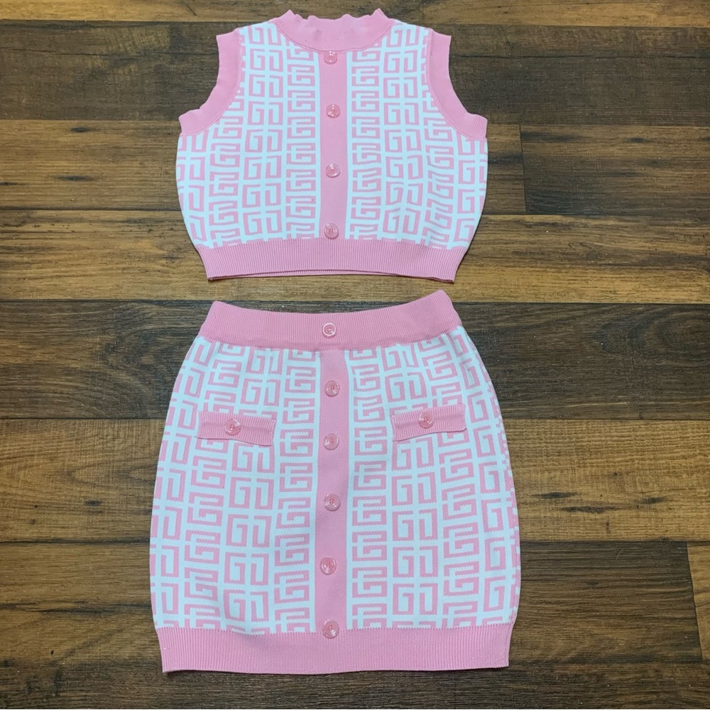 Girls Pink & White Knit 2-Piece Skirt Set Sleeveless Faux Button Front Size L